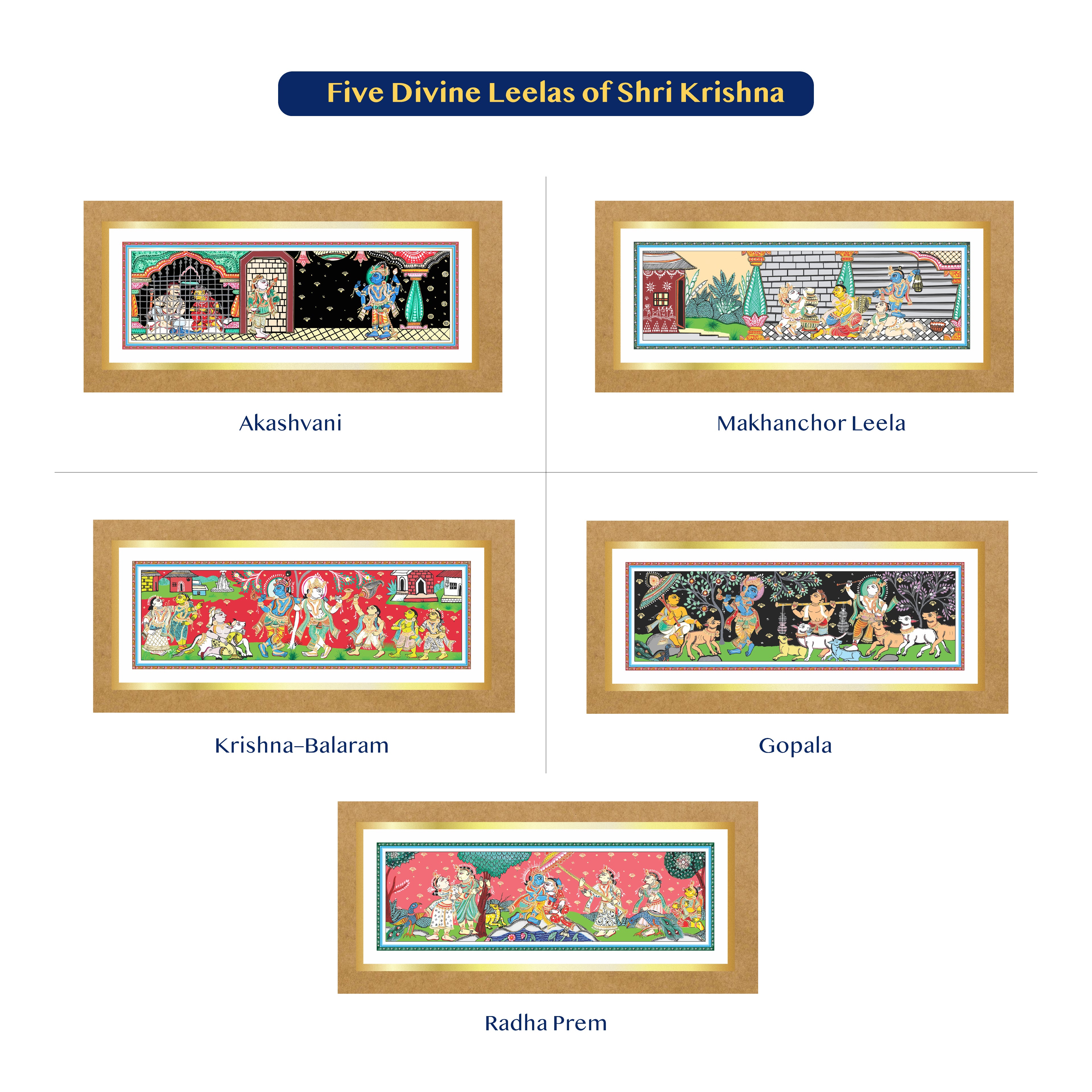 JPSR | Pattachitra Heritage Wall Art Collection | Shri Krishna Leela | Set 1 - 5 | Luxury Cultural Décor