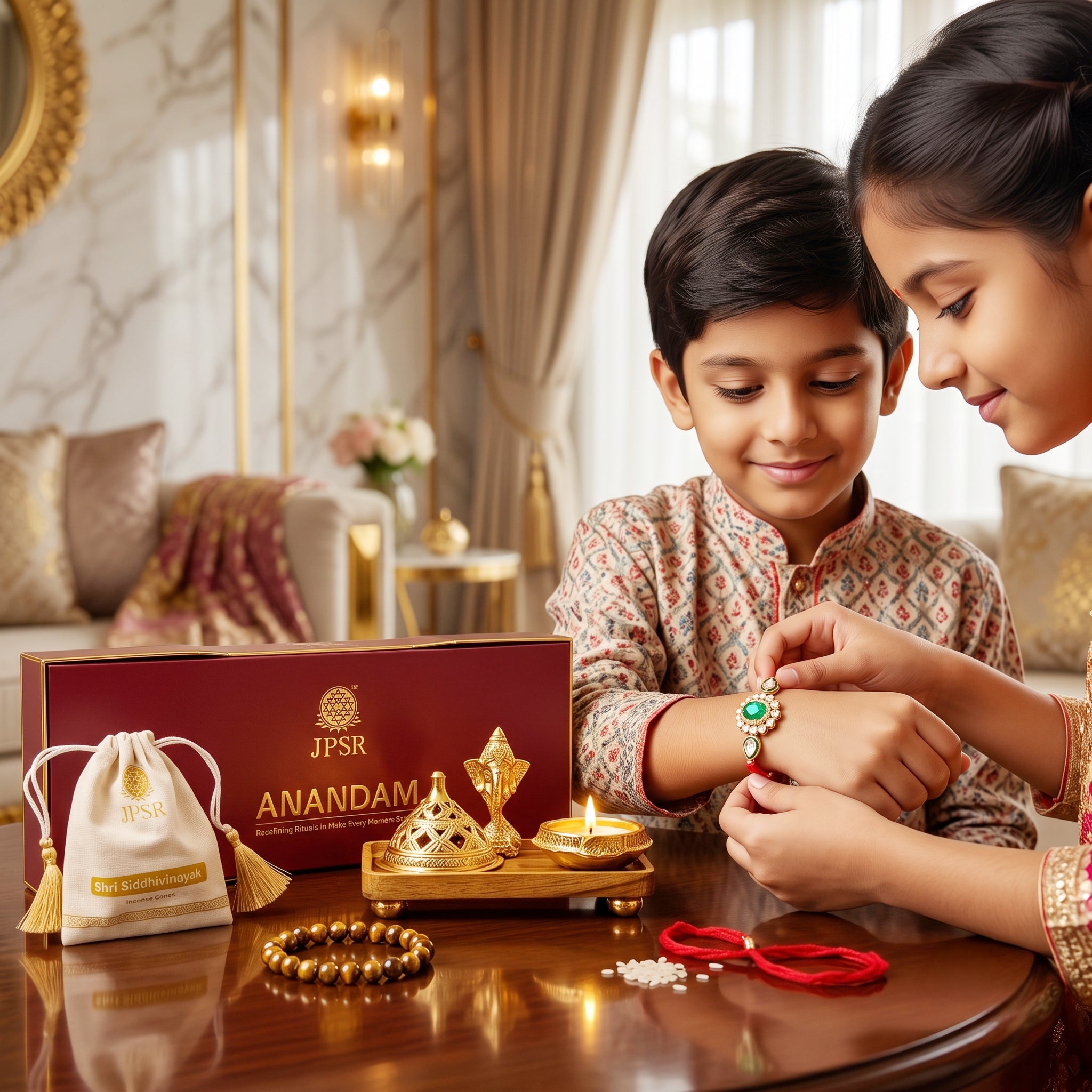 JPSR Anandam Ritual Box | Raksha Bandhan Blessing Gift Box with Heritage Silk Rakhi